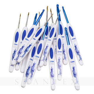High Quality Blue And White Porcelain Plastic Handle Curving Shape Knitting Needle Crochet Hooks Set with A Storage Bag 